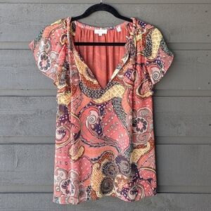 A.L.C. June 100% Silk Boho Top Rust Peach Paisley Size 0 Flowy Bohemian